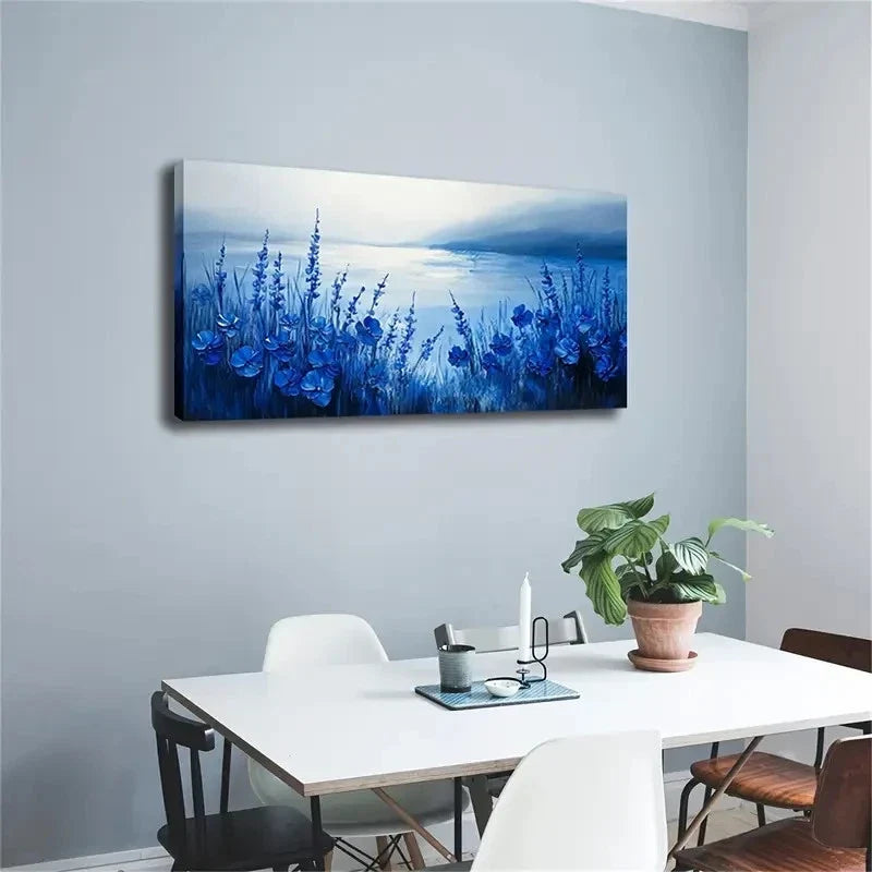 Blue Flowers & Grass Water Wall Art Canvas Office Home Room Framed 120x60cm