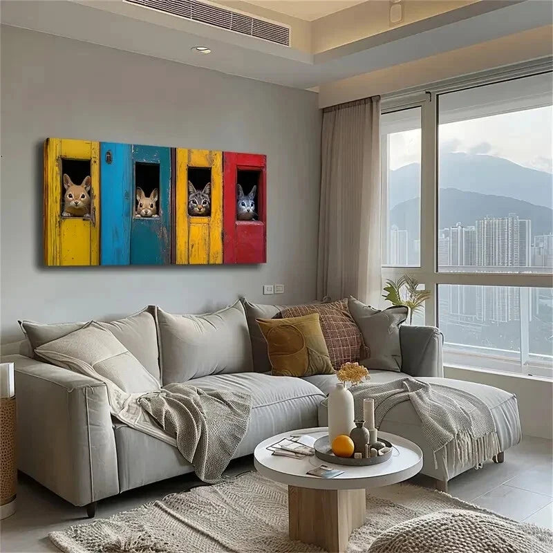 Playful Mice & Cats in Colorful Wall Art Canvas Office Home Room Framed 120x60cm