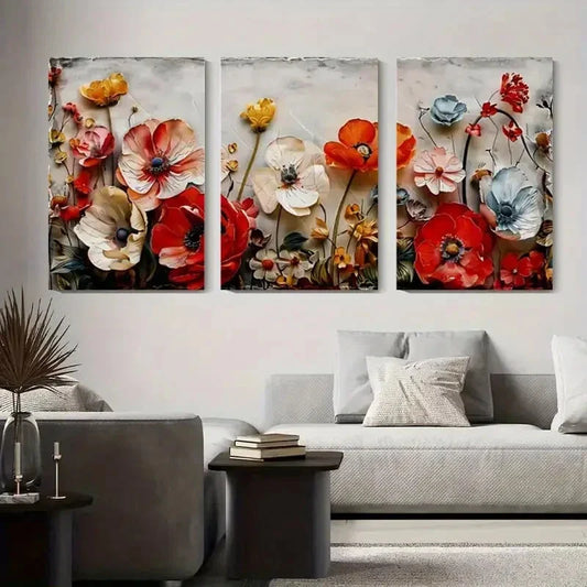 3pcs Vibrant Red, White, and Blue Flowers Metal Print Ready to Hang Art
