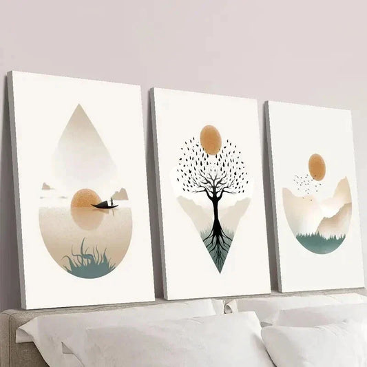 3pcs Tree of Life Lake Boat and Sunrise Wall Art Set Canvas Framed 40x60cm - High Quality Print 100% Australian Made Wall Canvas Ready to Hang
