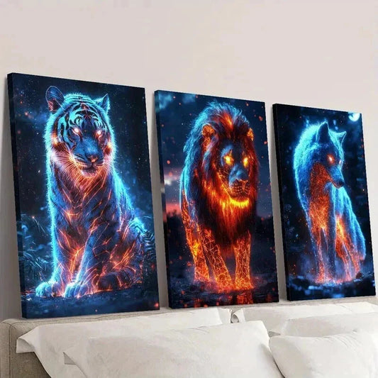3pcs Burning Tiger Lion and Wolf Illustration Wall Art Set Canvas Framed 40x60cm - High Quality Print 100% Australian Made Wall Canvas Ready to Hang