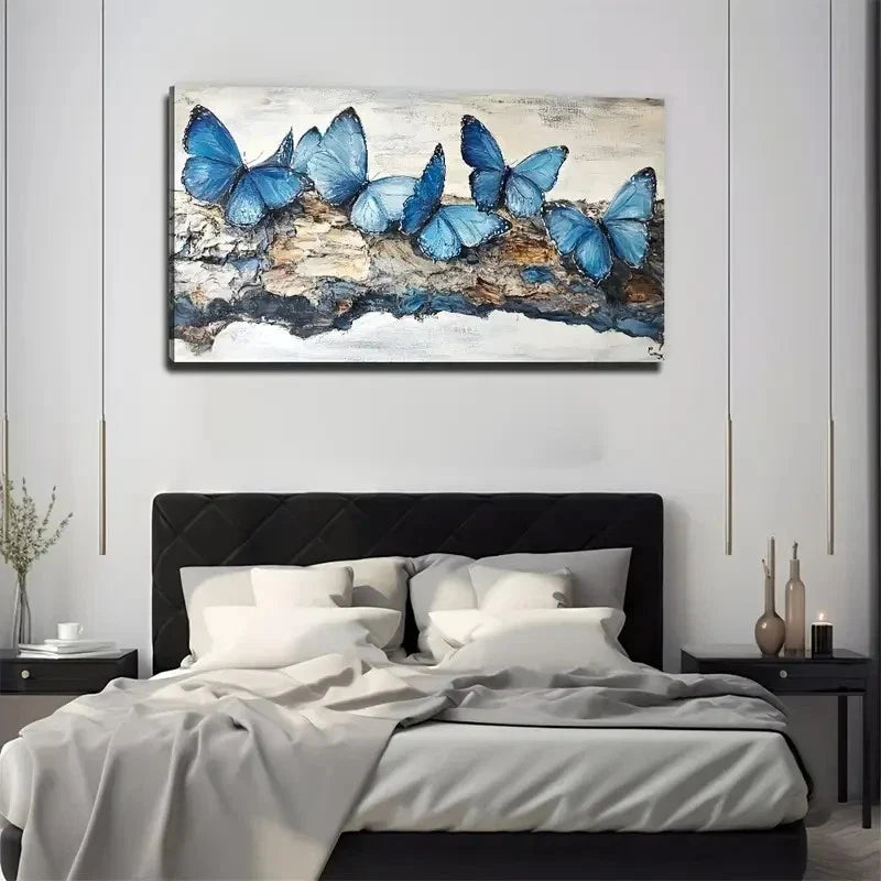 Vibrant Blue Butterfly Nature Wall Art Canvas Office Home Room Framed 80x45cm