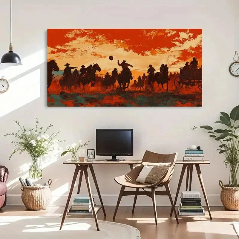 Cowboys Sunset Vibrant Orange Wall Art Canvas Office Home Room Framed 120x60cm