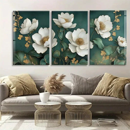 3pcs White Magnolia Flowers with Golden Perfect Wall Art Set Canvas Framed 40x60cm - High Quality Print 100% Australian Made Wall Canvas Ready to Hang
