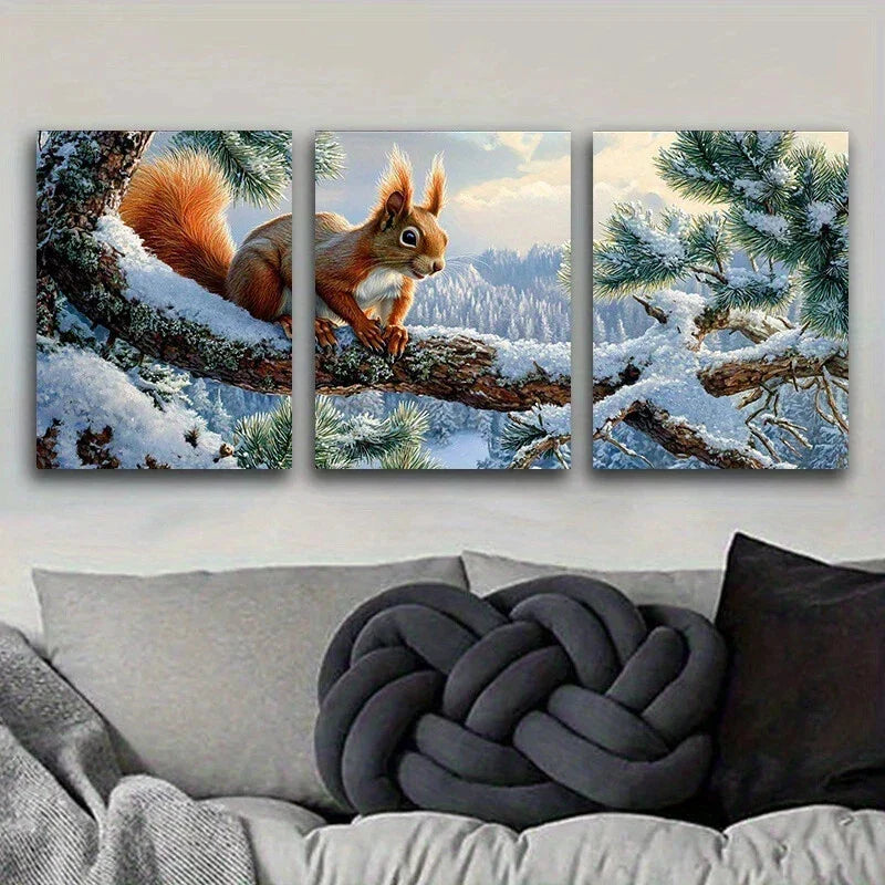 3pcs Snowy Squirrel On Branch Design Metal Print Ready to Hang Art