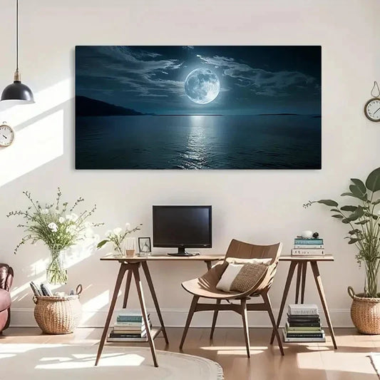 Bright Moon Over The Sea Wall Art Canvas Office Home Room Framed 120x60cm