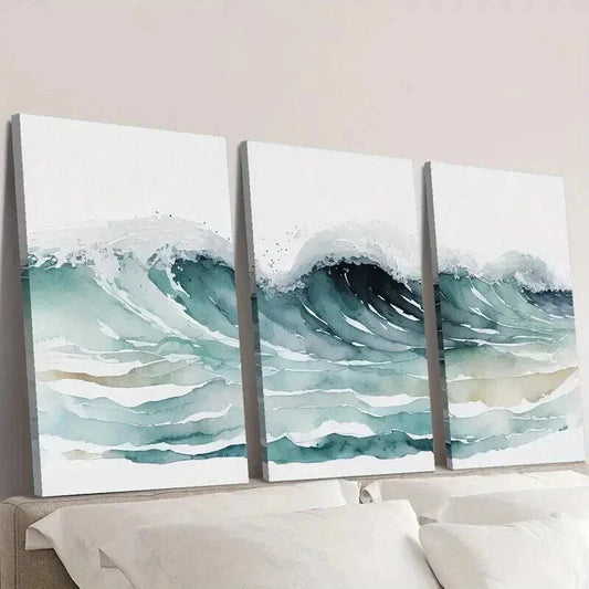 3pcs Ocean Waves Watercolor Painting Wall Art Set Canvas Framed 40x60cm - High Quality Print 100% Australian Made Wall Canvas Ready to Hang
