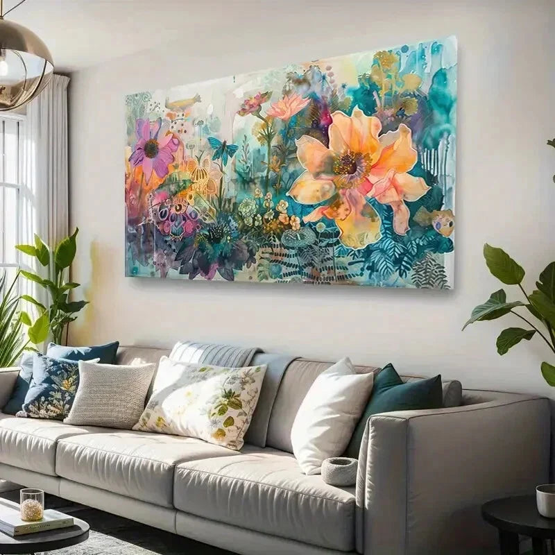 Vibrant Floral & Green Plant Wall Art Canvas Office Home Room Framed 80x45cm