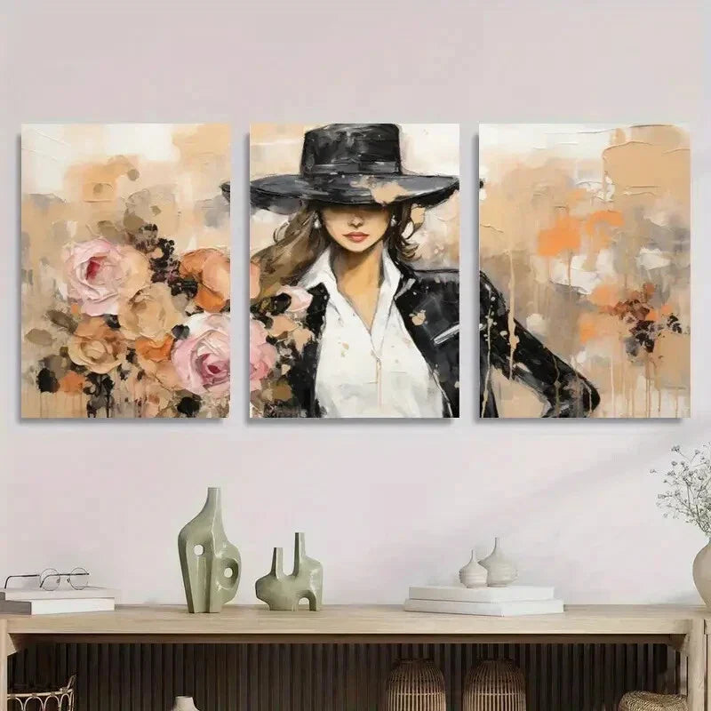 3pcs Modern Woman with Black Hat and Roses Metal Print Ready to Hang Art