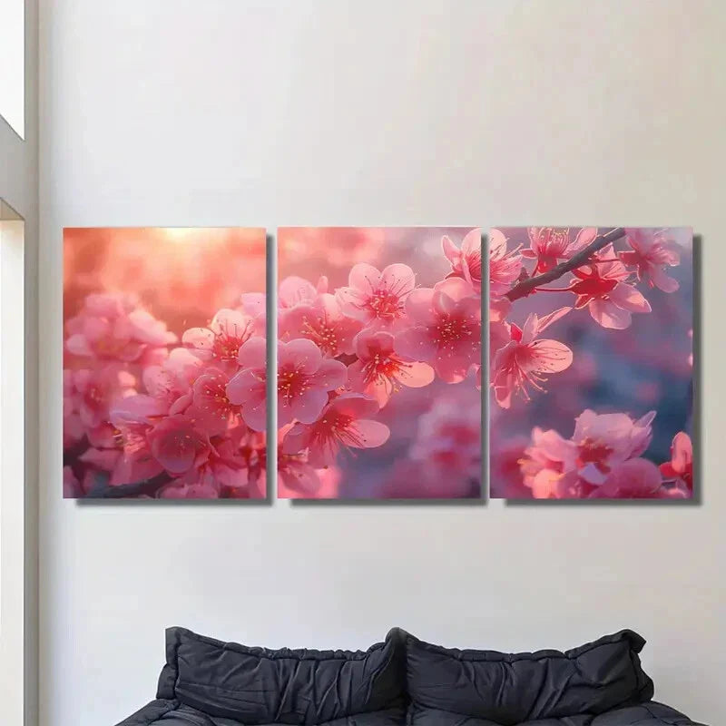 3pcs Cherry Blossom Triptych Pink Floral Metal Print Ready to Hang Art