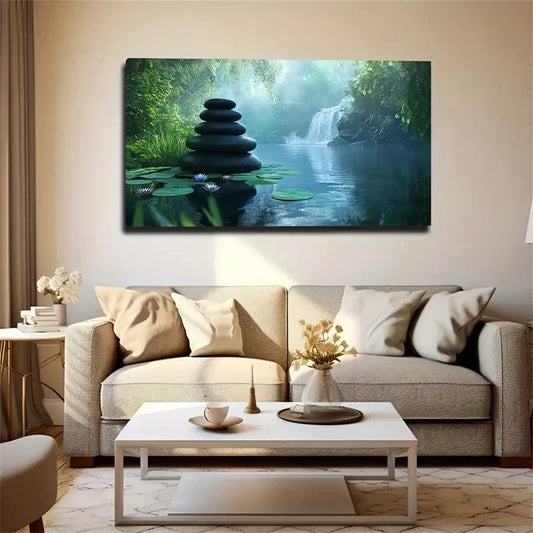 Zen Stones & For Lotus Leaves Wall Art Canvas Office Home Room Framed 120x60cm