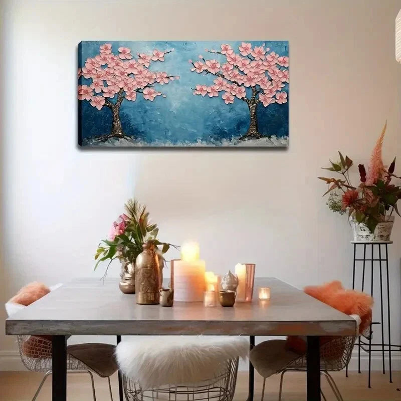 Pink Flowers & Blue Background Wall Art Canvas Office Home Room Framed 120x60cm