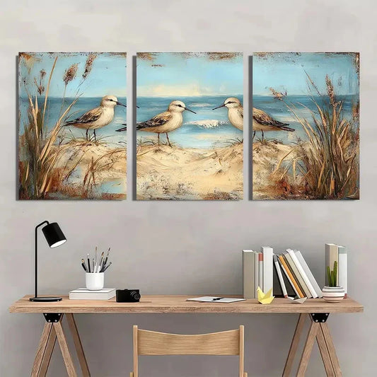 3pcs Charming Sandpiper Birds Beach Scene Metal Print Ready to Hang Art
