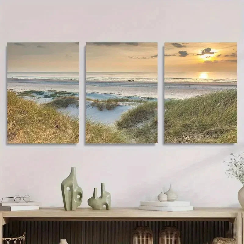 3pcs Tranquil Beach Sunset Sandy Dunes and Calm Metal Print Ready to Hang Art