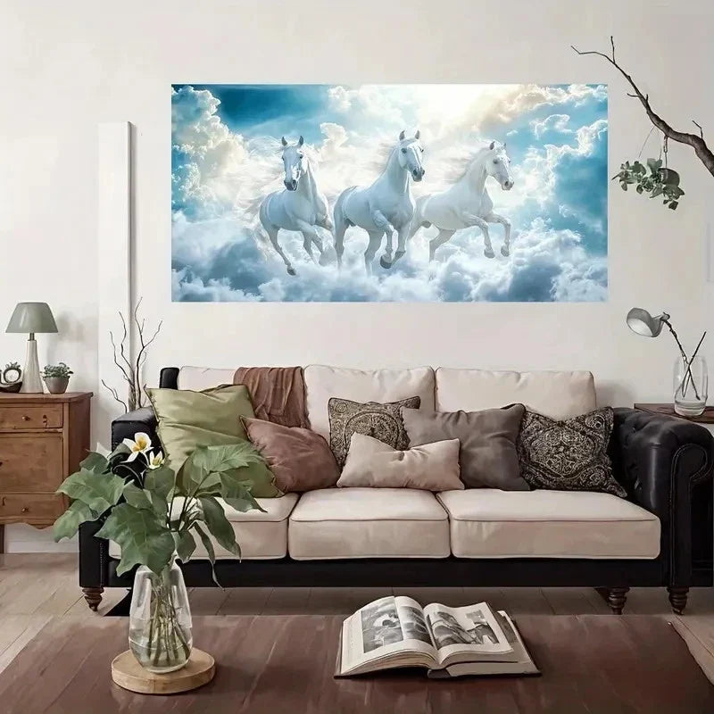 Horses In Fluffy Clouds Wall Art Canvas Office Home Room Framed 80x45cm