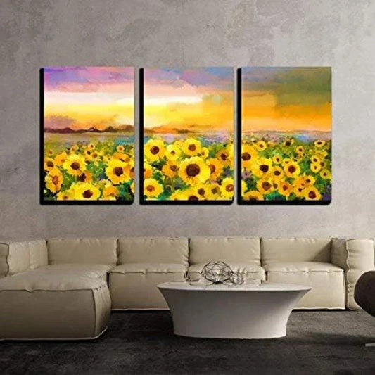 3pcs Oil Painting Yellow-Golden Sunflower Sunset Metal Print Ready to Hang Art