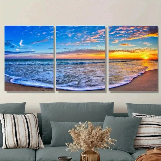 3pcs Beach Sunset Ocean With Dramatic Sky Wall Art Set Canvas Framed 40x60cm - High Quality Print 100% Australian Made Wall Canvas Ready to Hang