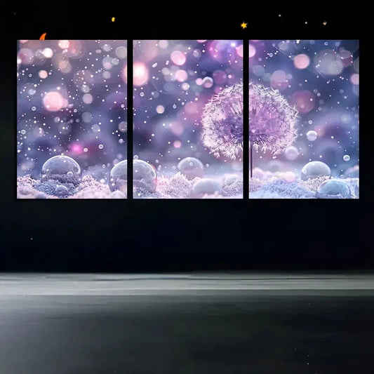 3pcs Dandelion Purple & Pink Bubbles Metal Print Ready to Hang Art