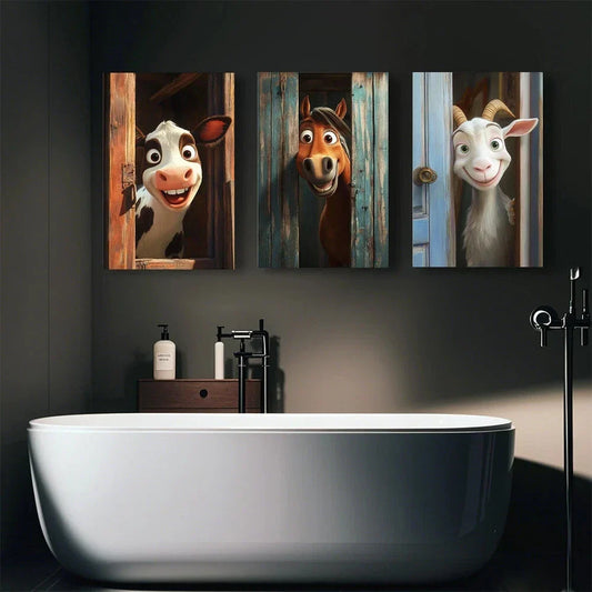 3pcs Curious Animals Sticking Their Heads Out Metal Print Ready to Hang Art