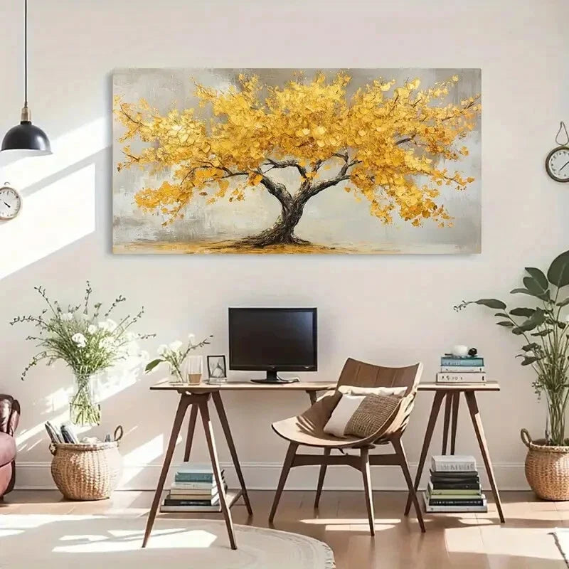 Golden Autumn Trees Abstract Wall Art Canvas Office Home Room Framed 80x45cm