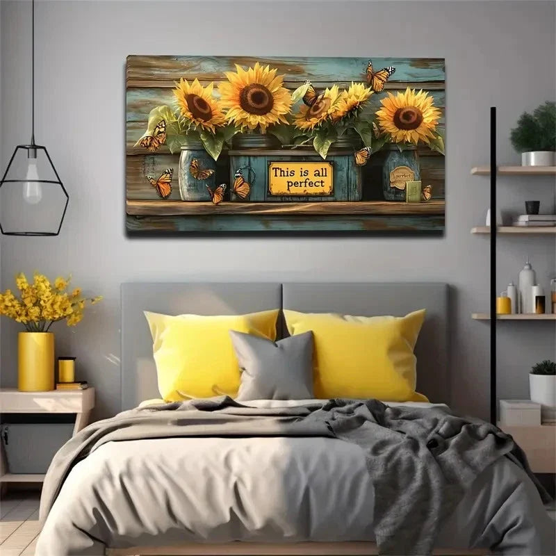 Vibrant Sunflower & Butterfly Wall Art Canvas Office Home Room Framed 120x60cm