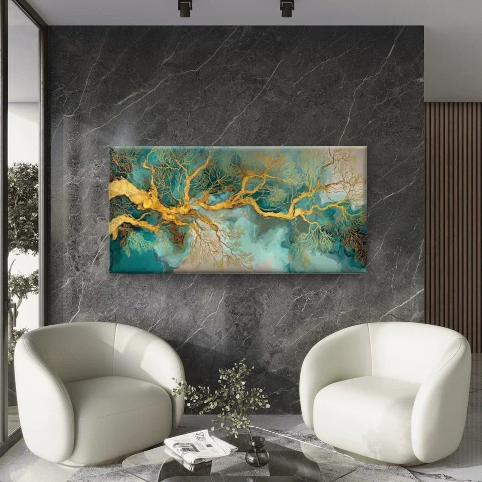Golden Roots, An Abstract Wall Art Canvas Office Home Room Framed 80x45cm