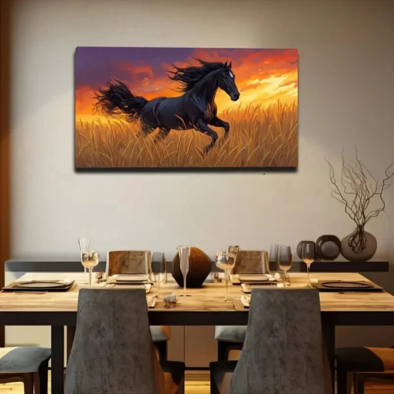 Majestic Black Horse Golden Wall Art Canvas Office Home Room Framed 120x60cm