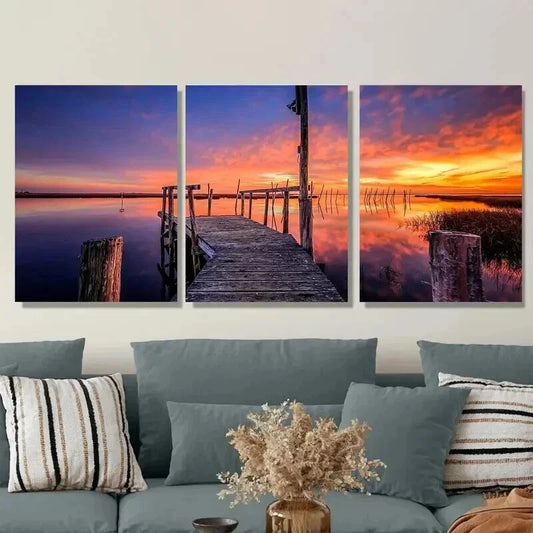 3pcs Sunset Dock Triptych Paintings Wall Art Set Canvas Framed 40x60cm - High Quality Print 100% Australian Made Wall Canvas Ready to Hang
