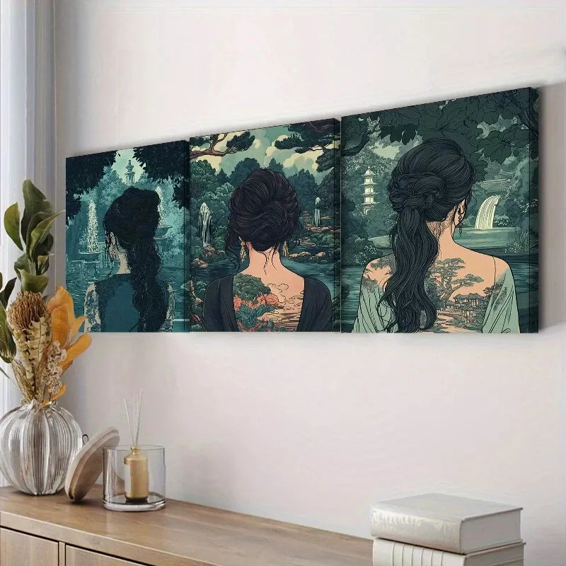 3pcss Asian Woman Nature Greenery Wall Art Set Canvas Framed 40x60cm - High Quality Print 100% Australian Made Wall Canvas Ready to Hang