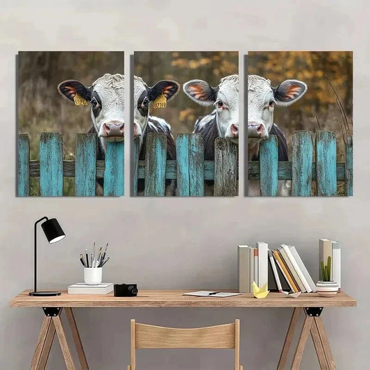 3pcs Rustic Cows Peeking Through Fence Wall Art Set Canvas Framed 40x60cm - High Quality Print 100% Australian Made Wall Canvas Ready to Hang