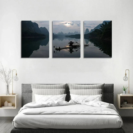 3pcs Fishing Boat Lake Mountain Metal Print Ready to Hang Art