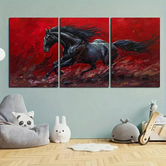3pcs Black Horse Abstract Vivid Red and Black Metal Print Ready to Hang Art