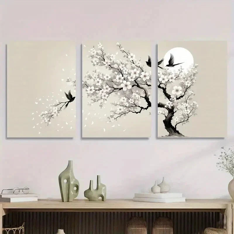 3pcs Serene Plum Blossom Branch with Swallow Metal Print Ready to Hang Art