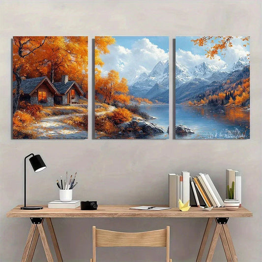 3pcs Autumn Mountain Lake Scenes Metal Print Ready to Hang Art