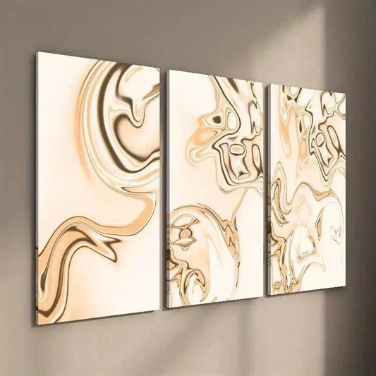 3pcs Abstract Beige Background Golden Waves Wall Art Set Canvas Framed 40x60cm - High Quality Print 100% Australian Made Wall Canvas Ready to Hang