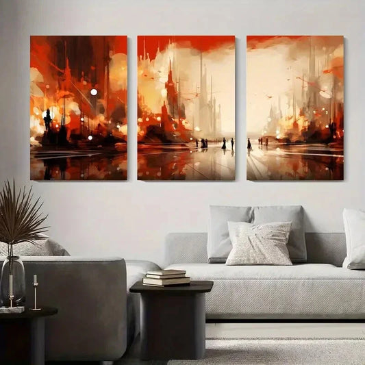 3pcs Fiery Futuristic Cityscape Abstract Metal Print Ready to Hang Art