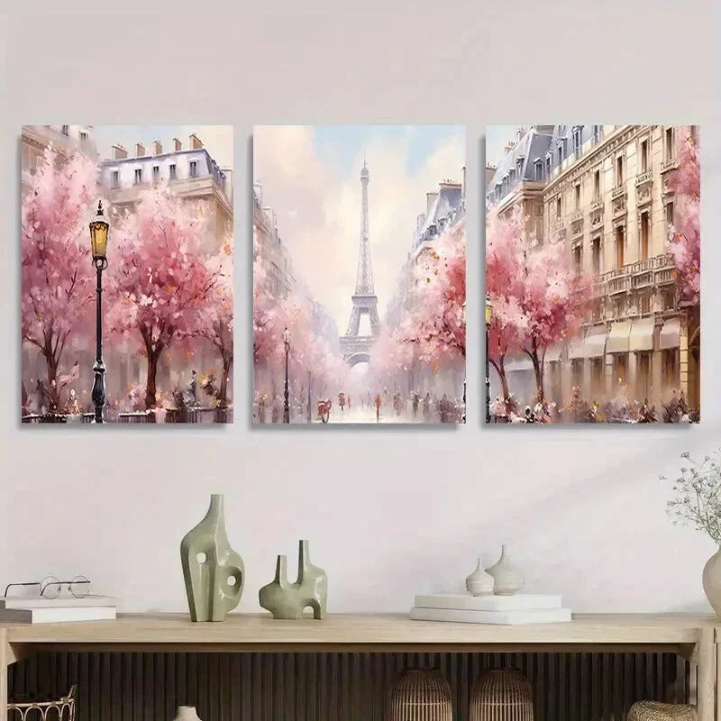 3pcs Paris Eiffel Tower Spring Cherry Blossom Metal Print Ready to Hang Art