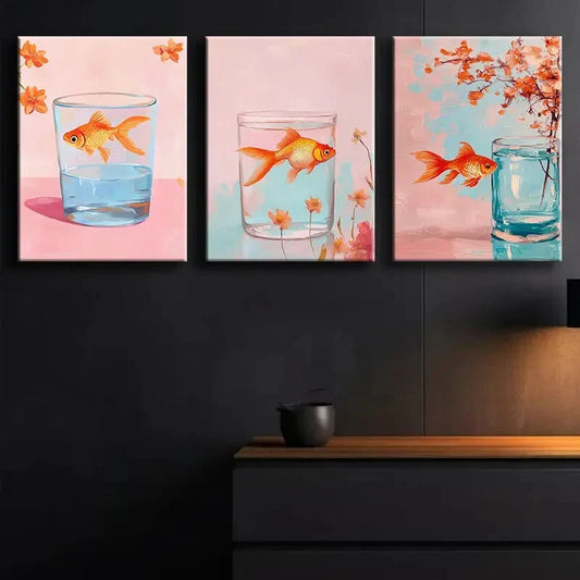 3pcs Colorful Goldfish in Glass Tank Perfect Wall Art Set Canvas Framed 40x60cm - High Quality Print 100% Australian Made Wall Canvas Ready to Hang
