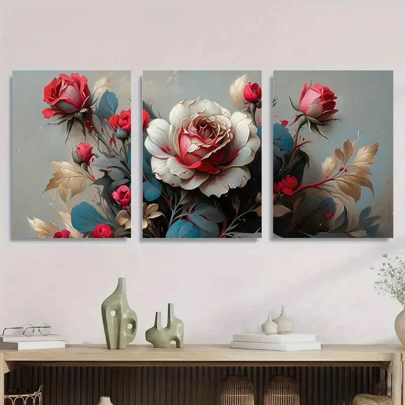 3pcs Elegant Abstract Rose Floral Metal Print Ready to Hang Art