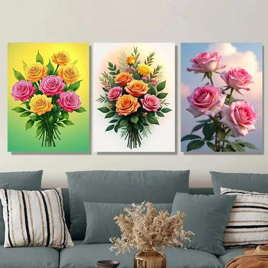 3pcs Elegant Rose & Lily Flower Metal Print Ready to Hang Art