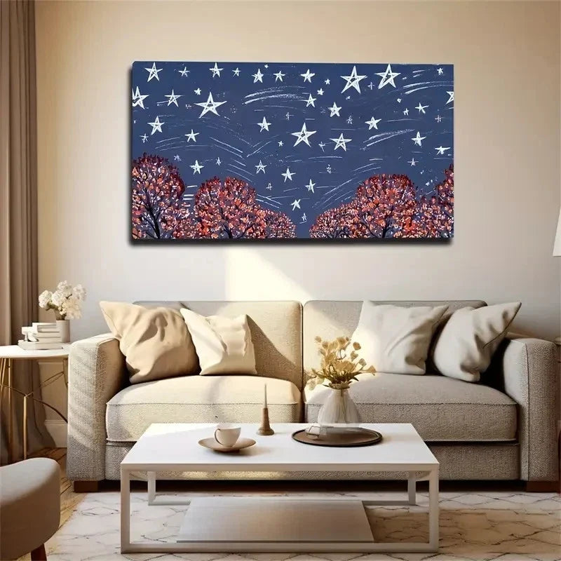 Starry Night Forest Wall Art Canvas Office Home Room Framed 80x45cm
