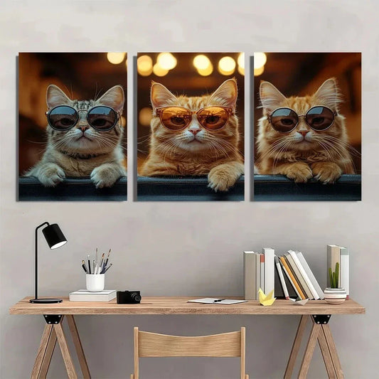 3pcs Funny Cats with Glasses Modern Metal Print Ready to Hang Art