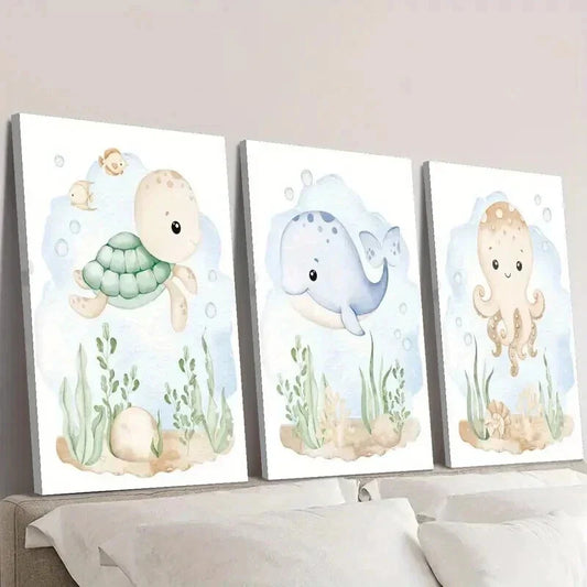 3pcs Undersea Nursery Turtle Whale & Octopus Wall Art Set Canvas Framed 40x60cm - High Quality Print 100% Australian Made Wall Canvas Ready to Hang