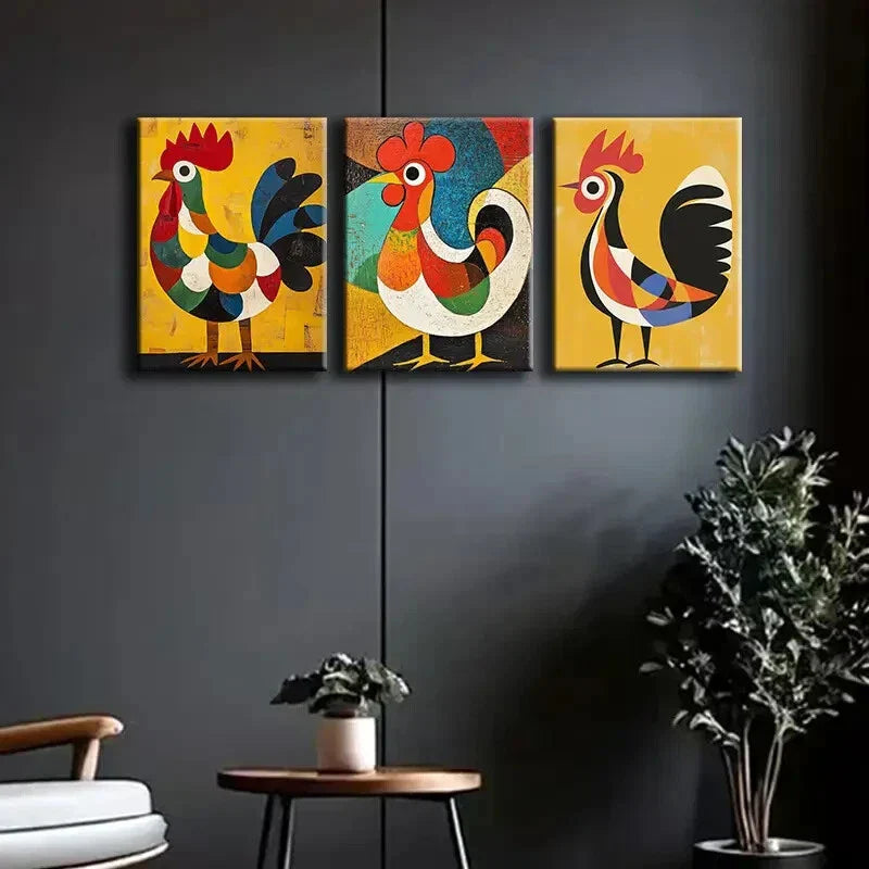 3pcs Abstract Rooster Colorful Perfect Wall Art Set Canvas Framed 40x60cm - High Quality Print 100% Australian Made Wall Canvas Ready to Hang