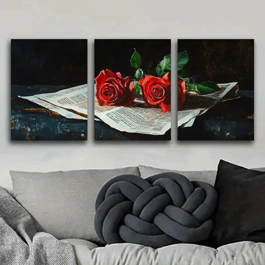 3pcs Red roses from the newspaper Metal Print Ready to Hang Art
