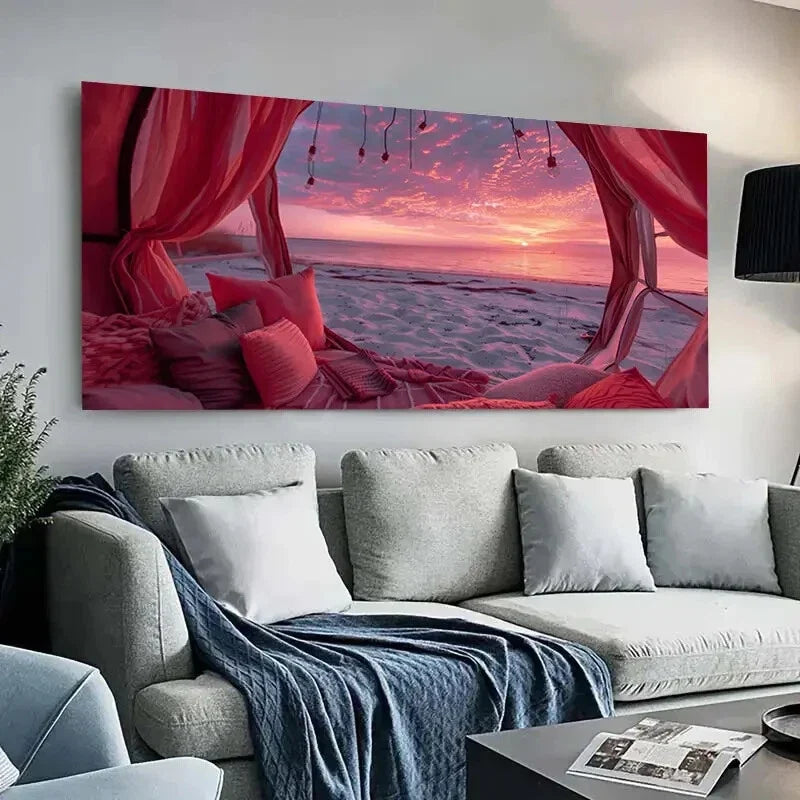 Vibrant Red Drapes Warm Light Wall Art Canvas Office Home Room Framed 80x45cm