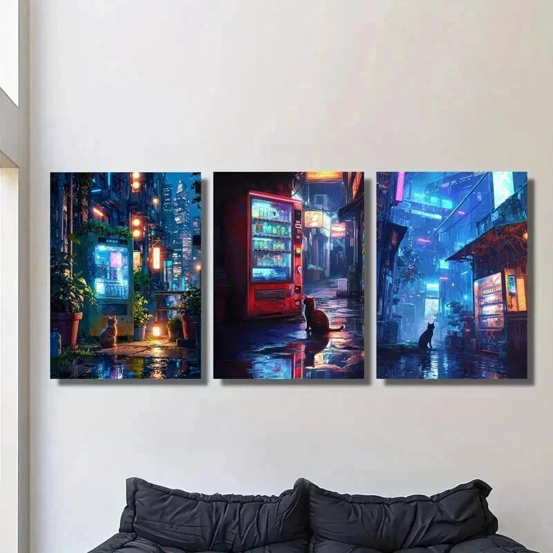 3pcs Cat Sitting Next to a Vending Machine Wall Art Set Canvas Framed 40x60cm - High Quality Print 100% Australian Made Wall Canvas Ready to Hang