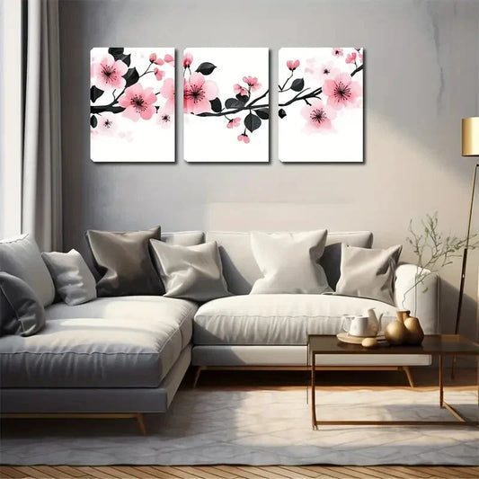 3pcs ink Flowers Black Stamens Modern Wall Art Set Canvas Framed 40x60cm - High Quality Print 100% Australian Made Wall Canvas Ready to Hang