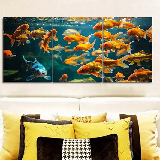 3pcs Featuring Goldfish in an Aquarium, Metal Print Ready to Hang Art