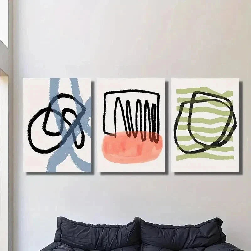 3pcs Abstract Black Blue Red Green Line Drawing Wall Art Set Canvas Framed 40x60cm - High Quality Print 100% Australian Made Wall Canvas Ready to Hang